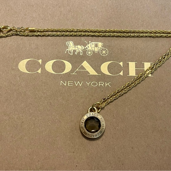Coach Brushed Gold Bezel Set Purple Crystal Pendant 18k/.925 Sterling Necklace - Picture 3 of 6
